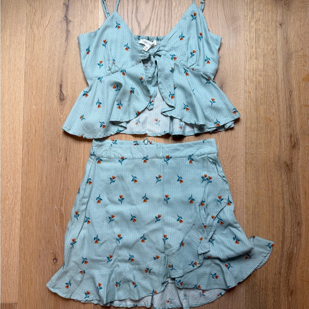 Honey Punch Light Blue Floral Ruffle Mini Skirt